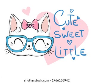 Hand Drawn Cute Cat with Glasses Sketch Vector Illustration, Print Design Cat, children print on t-shirt.