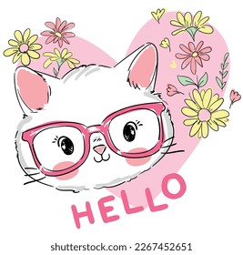 Dibujando mano lindo gato con gafas y corazón rosa con flores aisladas en el fondo blanco ilustraciones vectoriales niños imprimir