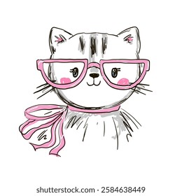 Hand drawn cute cat with glasses. Vector illustration in cartoon style.