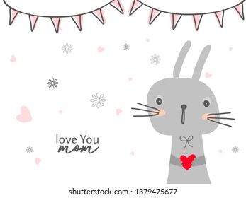 Hand drawn cute cat with heart doodle greeting card for Mother's Day.