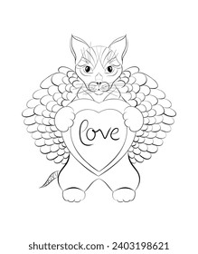 Hand drawn cute cat with heart, outline drawing for coloring and Valentine's day.