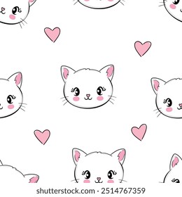 Hand Drawn Cute Cat and heart seamless pattern vector illustration Kids print