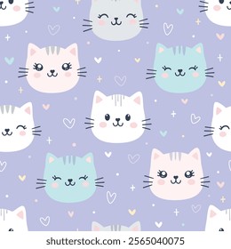 Hand drawn Cute cat with heart seamless pattern on purple background. Childish Cartoon Animals Background. Design for textile, fabric, wrapping, wallpaper, print. Vector illustration