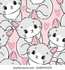 Hand Drawn Cute Cat and heart seamless pattern vector illustration Kids print