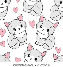 Hand Drawn Cute Cat and heart seamless pattern vector illustration Kids print