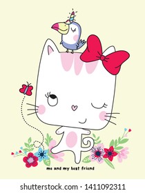 Hand drawn cute cat illustration for t shirt printing