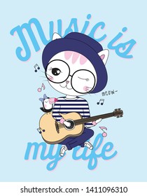 Hand drawn cute cat illustration for t shirt printing