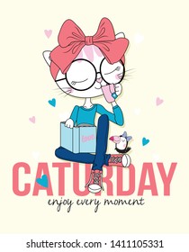 Hand drawn cute cat illustration for t shirt printing
