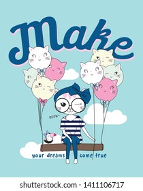 Hand drawn cute cat illustration for t shirt printing