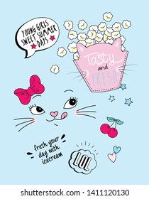 Hand drawn cute cat illustration for t shirt printing