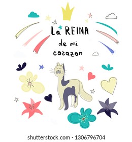 Hand drawn cute cat and lettering "The queen of my heart". Vector illustration for banners, greeting card, poster design