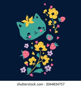 Hand drawn cute cat on a dark blue background sketch vector illustration, print design, children print on t-shirt, frame flowers