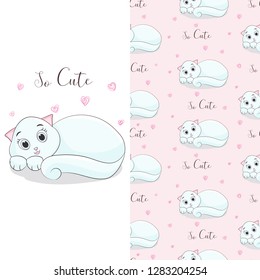 Hand drawn cute cat with pattern set