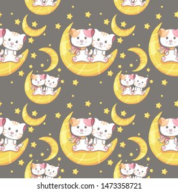 hand drawn cute cat with pattern set