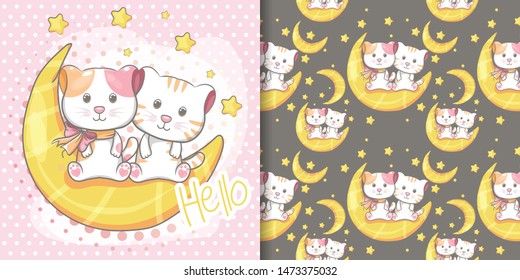 hand drawn cute cat with pattern set