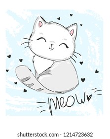 Hand Drawn Cute cat with phrase weow  vector illustration. Children's design poster.