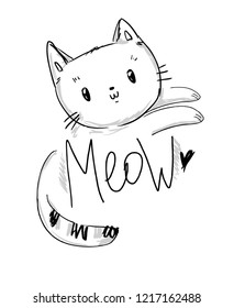 Hand Drawn cute cat and phrase weow vector illustration. Children print on t-shirt