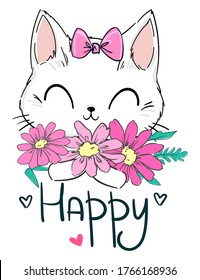 Hand drawn Cute Cat and pink flowers. Print for children's textiles, poster design, nursery. Camomile flowers Vector illustration stock.