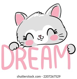 Hand drawn cute cat pink cheeks isolated on a white background