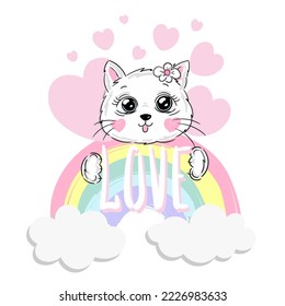 Hand drawn cute cat, pink hearts and rainbow with text Love cartoon character vector illustration childish design print