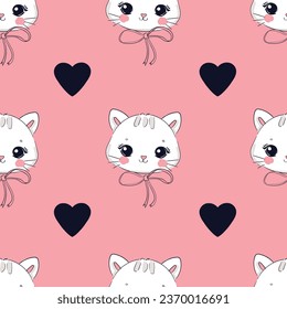 Hand Drawn Cute Cat with pink bow and heart Vector Illustration pattern seamless, Kids print design cat, children trend print textile