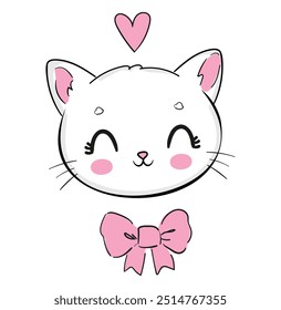 Hand Drawn cute cat and pink bow vector illustration