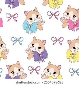 Hand Drawn Cute Cat with pink bow and flower Vector Illustration pattern seamless, Kids print design cat, children trend print textile