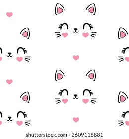 Hand Drawn Cute Cat with pink heart Vector Illustration pattern seamless, Kids print design cat, children trend print textile