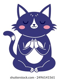 Hand drawn cute cat praying or meditating with closed eyes. Cartoon vector illustration.