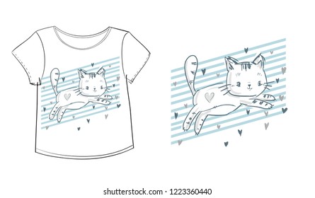 Hand Drawn cute cat. Print design textile and poster