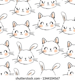 Hand drawn cute cat with rabbit seamless,vector illustration pattern. Beautiful design prints and textiles. Children print background.