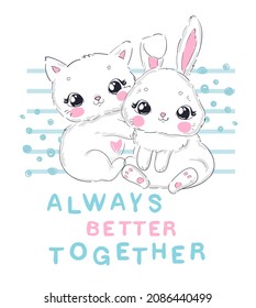 Hand drawn cute Cat and rabbit vector illustration. print design animal for baby background. For newborns design elements Bunny and Kitten