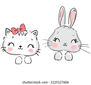 Hand drawn cute Cat and rabbit vector illustration. Sketch print design beautiful animal for baby background. For newborns design elements Bunny and Kitten