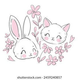 Hand drawn cute cat and rabbit with flowers vector illustration 