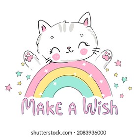 Hand drawn cute cat and rainbow Cartoon character vector illustration. Kitten Childish design print