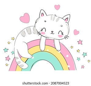 Hand drawn  cute cat and rainbow cartoon character vector illustration childish design print