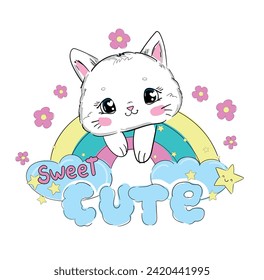 Hand Drawn Cute cat with Rainbow and Flowers Vector illustration, Kids Print design 