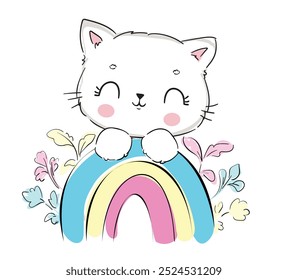 Hand drawn Cute cat and rainbow vector illustration.Kids print and poster