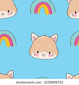Hand Drawn Cute Cat and rainbow seamless pattern vector illustration Kids print