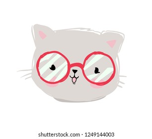 Hand drawn cute cat with red glasses. Friendly cartoon character. Childish vector illustration.