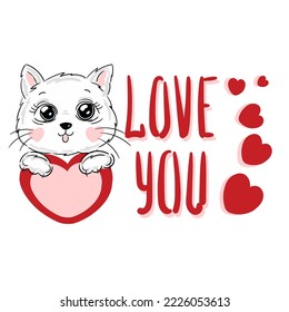 Hand drawn cute cat, red hearts and text Love you cartoon character vector illustration childish design print