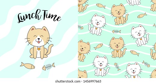 Hand drawn cute cat seamless pattern