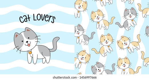 Hand drawn cute cat seamless pattern