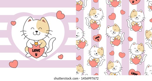 Hand drawn cute cat seamless pattern