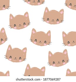 Hand drawn cute cat seamless pattern print design, sketch background vector 