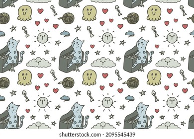 Hand drawn cute cat seamless pattern art, wallpaper, sketch, print, cartoon.