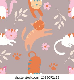 Hand Drawn Cute Cat Seamless Pattern