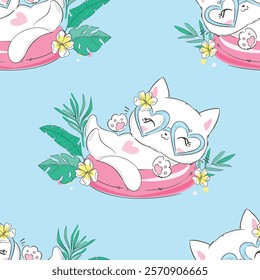 Hand Drawn cute cat seamless pattern vector illustration, Kids Print design, children trend print on t-shirt