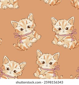 Hand Drawn Cute Cat seamless pattern vector illustration Kids print