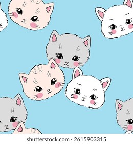 Hand Drawn Cute Cat seamless pattern vector illustration Kids print